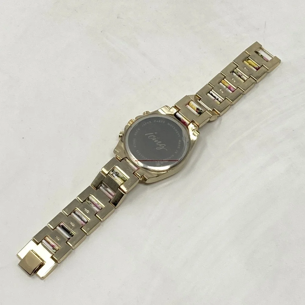 Icing Women's Watch Floral Band Black Pink 37mm Gold Tone New Battery 7.5